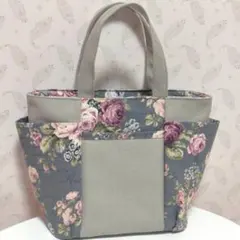 グレイッシュとヴィンテージローズ　サイドポケット トートバッグ　ハンドメイド