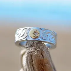 91 ハワイアンジュエリー 太陽と波サンスクロールリング K14イエローゴールド