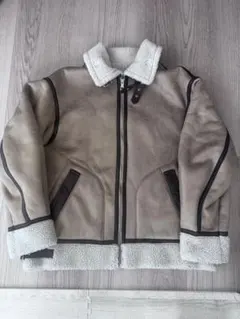 ベージュ ムートンコート ボア襟付き