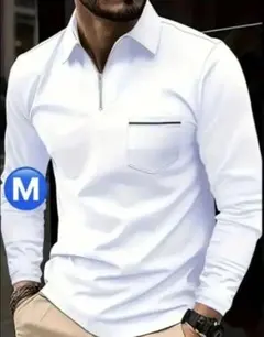 【新品/Mサイズ】ゴルフウェア 長袖 ポロシャツ メンズ シンプル ホワイト