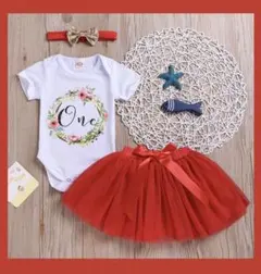 70-80cm1歳誕生日ドレス赤　Tシャツロンパース＆チュチュスカート