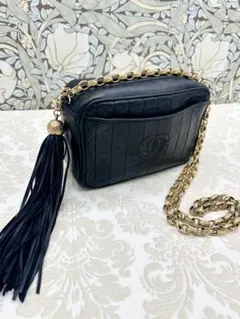 美品 CHANEL シャネル フリンジ付 マトラッセ チェーンショルダー 黒