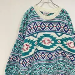 USA製　ニット　セーター　カラフル　ライトブルー　ノルディック柄　大きいサイズ