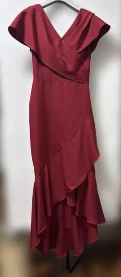 バーガンディ フリルスリーブ ロングドレス