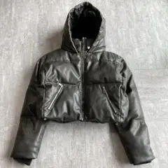 ZARA レザーダウンジャケット　ダークブラウン　フード付き