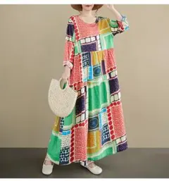 美品☆ロングワンピース カジュアル 長袖 ブロックチェック柄 おしゃれ度高め