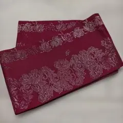 半幅帯　ローズレッド ピンク　シルバー　花柄刺繍 華やか　キラキラ　ゆかた帯