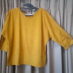マスタード色 Vネック 五分袖 チュニック、M～L、美品