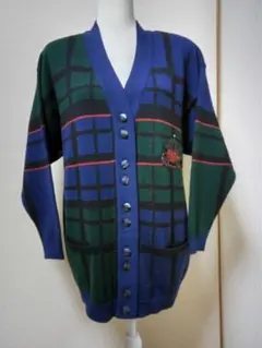 ESCADA　ブルー・グリーンチェック　ビーズ刺繍付きニットカーディガンのサムネイル