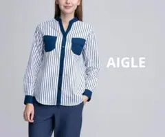 美品☆ AIGLE 吸水速乾 ストライプノーカラーデザインポケット長袖シャツ L
