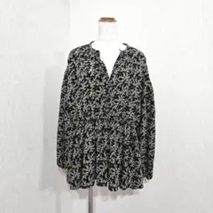 花柄 Vネック チュニック（L）ブラック系 ウエストゴム 長袖 総柄