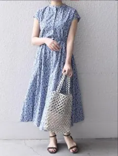 【F】SHIPS any 花柄　 ロング　ワンピース　フレンチスリーブ　ブルー