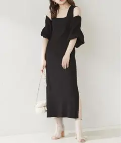 Chico 【5分袖リボンリブボレロ+タンクロングワンピースSET】