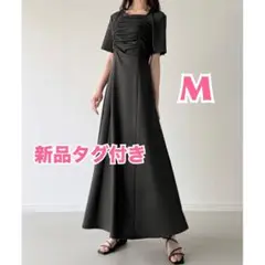 【新品M】JUNOAH ジュノア 薄手ギャザー ロング丈ワンピース ペチ付セット