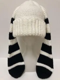 ニット帽ハンドメイドビーニー白黒みみ