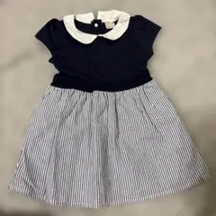 プティマイン　ネイビーとストライプの襟付きワンピース