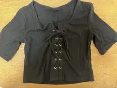 黒 リブ編み 半袖Tシャツ レースアップ