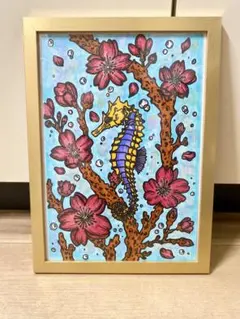 一点物 タツノオトシゴと梅 原画 A4 手描きアート ペン画 風水 幸運 開運