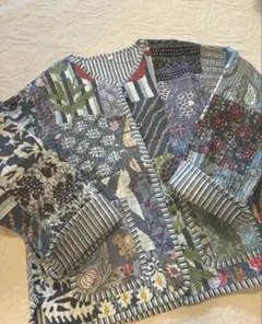 キルティンパッチワークジャケット　カンタキルティング　Lサイズ　ブロックプリント