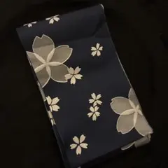 藍色花柄リバーシブル単衣仕立て半幅帯