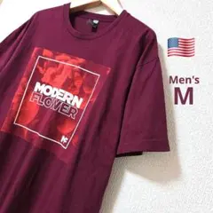 USA古着　MODERN FLOWER花柄 TシャツメンズM バーガンディ