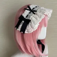 黒×白 クラロリ レースフリル リボン ヘッドドレス