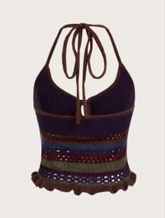 最終値下げ　ヒッピー柄 ストライプ ホルターネック ニットトップ