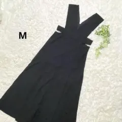 ストラップロングスカート　サロペット　プリーツ　レーヨン　ブラック　M