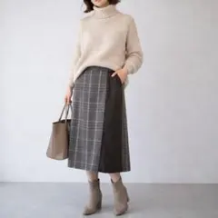 ディアフル［M］大人エレガント◎ウール混◎ミモレ丈チェック柄ドッキングスカート