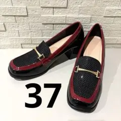 ビットローファー ヒールパンプス 37 ブラック×レッド チャンキーヒール