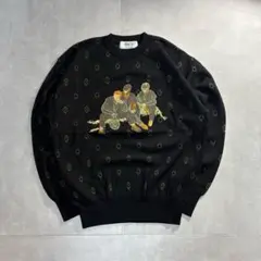 ウール100% デザインニット ブラック 菱形総柄 刺繍入り 個性派　メンズ　L