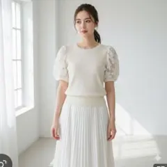 《美品》アプワイザーリッシェ 半袖ニット レース ビジュー バルーンスリーブ M