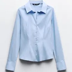 ZARA ストライプ シャイニースレッド フィットシャツ ブルー XS 春