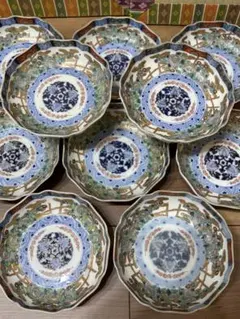 新品箱入5客 龍峰窯 間取草花 花型和皿揃 染付 花鳥図 輪花皿 古伊万里