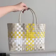編み込みデザイン かごバッグ ベージュ ホワイト イエロー