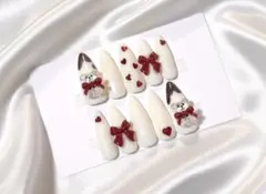 ネイルチップ赤白バレンタインリボンハートホロワンホンガーリーくまちゅるんスナ系