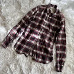 良品企画 無印良品 シャツ チェック タータン M レッド ネイビー 長袖 綿のサムネイル