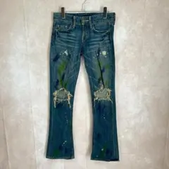 SLY 25インチ ダメージデニム フレアパンツ ペイント加工 クラッシュデニム