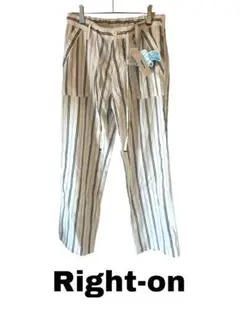 Right-on 新品タグ付き　ストライプパンツ　半ウエストゴム　リネン　麻混