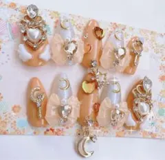 ネイルチップ 量産型 ガーリー オレンジ フリル 推しネイル ツイード