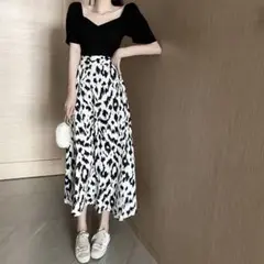 ひざ下丈 長め 白 韓国 フレア お洒落 可愛い スカート 細見え ヒョウ柄