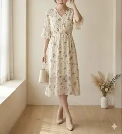 花柄Vネックロングワンピース膝下ワンピース