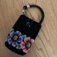 FEILER 花柄刺繍ポーチ 黒