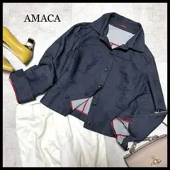 アマカ デニムジャケット クロップド 薄手 美ライン ネイビー M