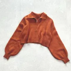 イング〔M〕ハーフジップ 襟 ショート丈ニット ボリュームスリーブ オレンジ色