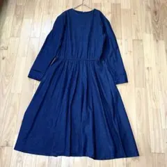 古着 デニムダンガリーワンピース ロング丈　濃いめのインディゴ　大きいサイズ