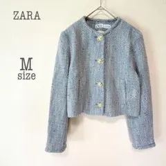 a2163【ZARA】美品 ノーカラーツイードジャケット ヘリンボーン 金ボタン