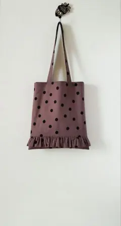 627トートバッグマチなし　茶に黒の水玉綿麻シーチングフリル　5　ハンドメイド