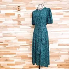 【ザラ】花柄フラワー ロング ワンピース 半袖 小花 総柄 M 緑グリーン×黒