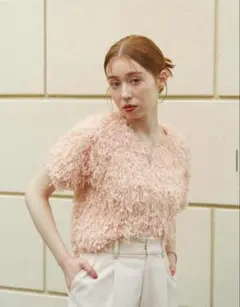 hinari フェザーヤーン半袖プルオーバー サーモンピンク